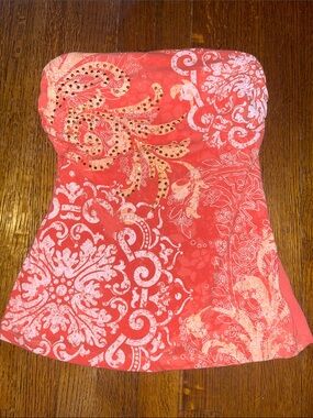 Dolled Up | Strapless Coral Print Women's Top with Embellished Detail